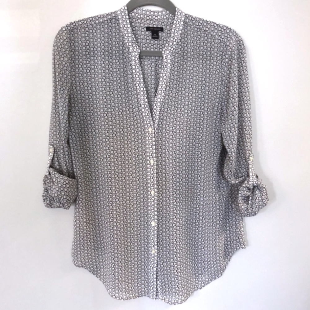 Ann Taylor Silky Sheer V-Neck Black White Blouse